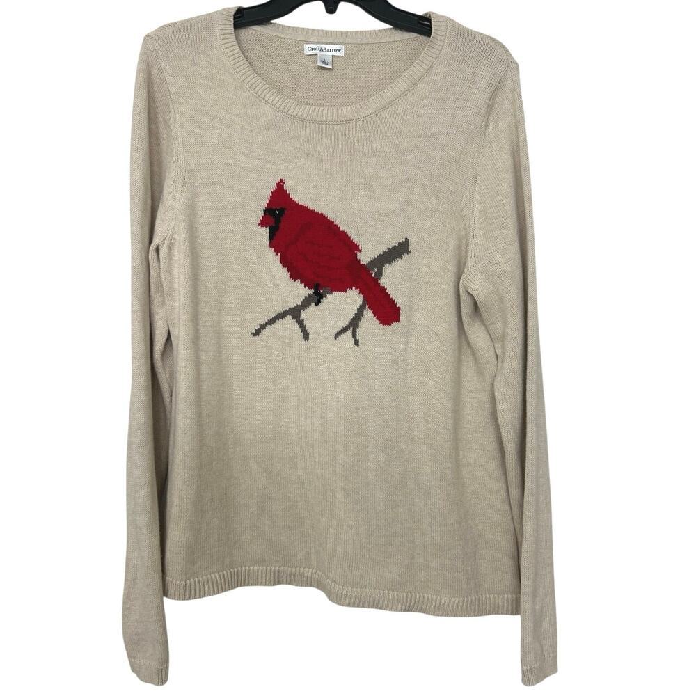 Cardinal Bird Sweater Cream Cotton Grandmacore Cottagecore Novelty Size L